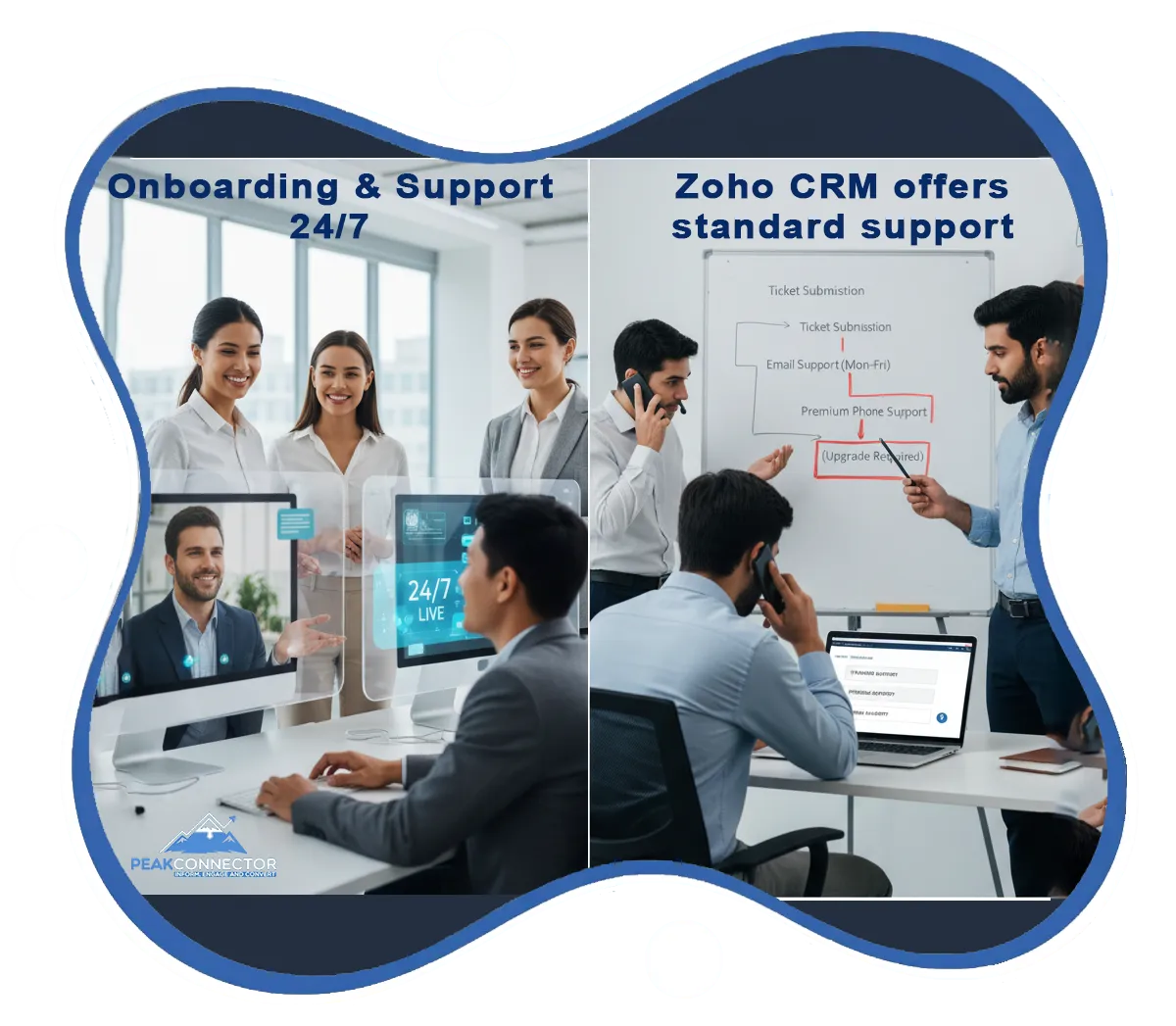 PeakConnector CRM dashboard showing AI-driven marketing and sales automation features for businesses.