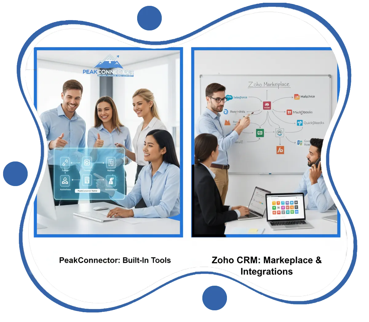 PeakConnector CRM dashboard with AI tools for automating marketing and sales tasks.