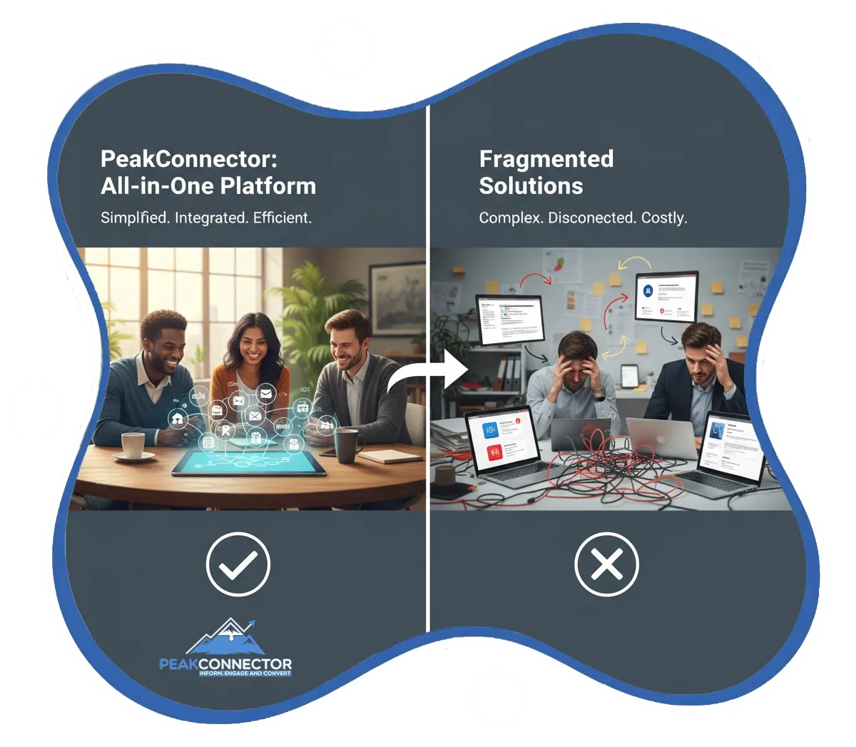 PeakConnector CRM dashboard showing AI-driven marketing and sales automation features for businesses.