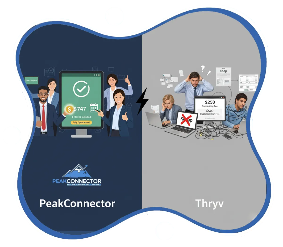 PeakConnector CRM dashboard showing AI-driven marketing and sales automation features for businesses.