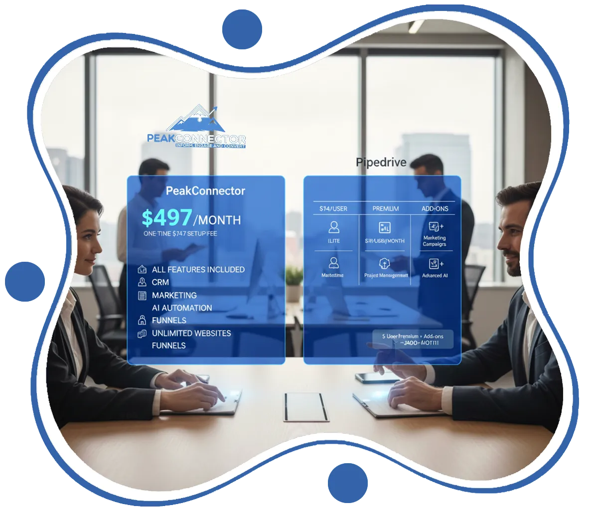 PeakConnector CRM dashboard with AI tools for automating marketing and sales tasks.