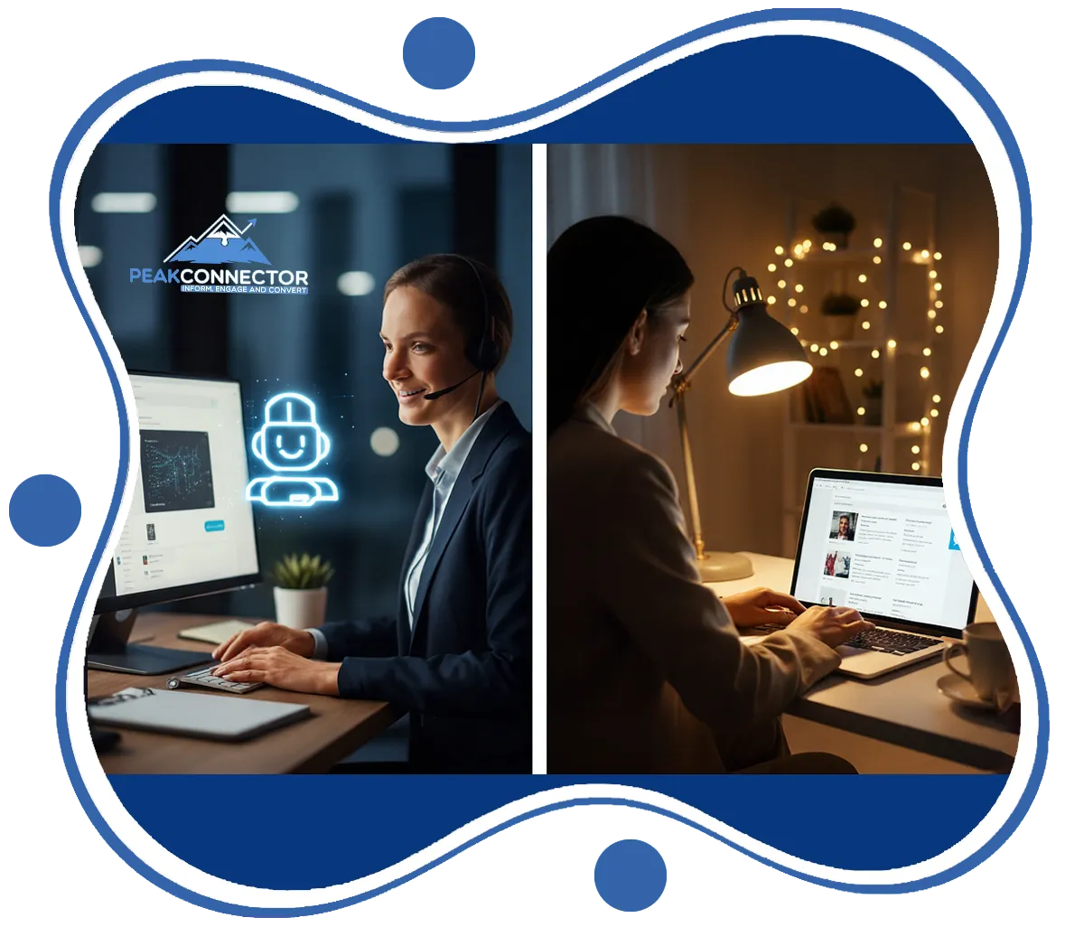 PeakConnector CRM dashboard with AI tools for automating marketing and sales tasks.