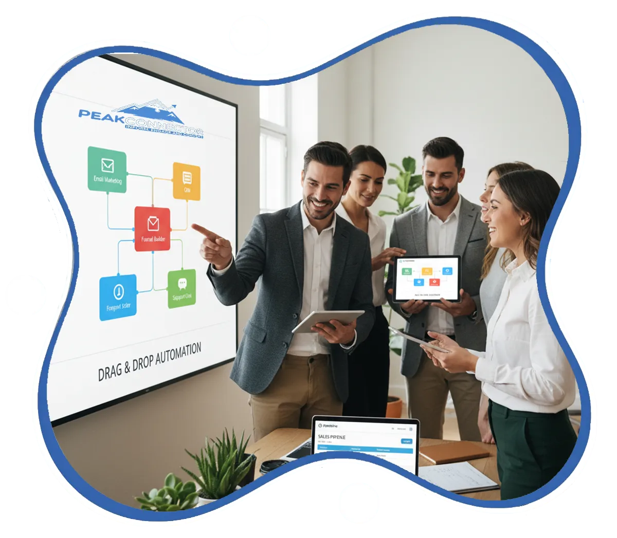 PeakConnector CRM dashboard showing AI-driven marketing and sales automation features for businesses.