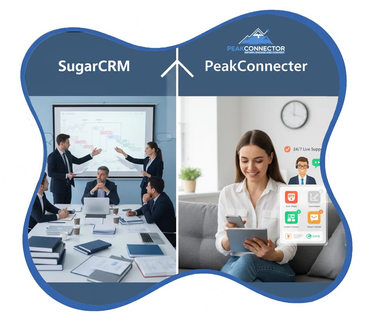 PeakConnector CRM dashboard showing AI-driven marketing and sales automation features for businesses.