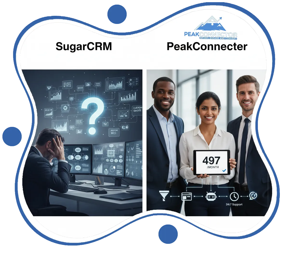 PeakConnector CRM dashboard with AI tools for automating marketing and sales tasks.