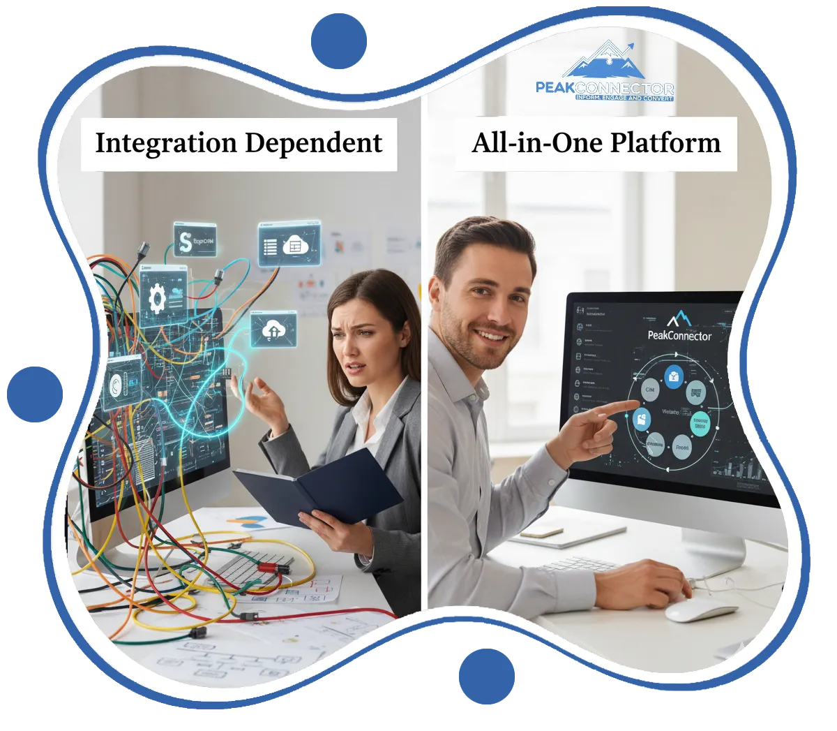 PeakConnector CRM dashboard with AI tools for automating marketing and sales tasks.