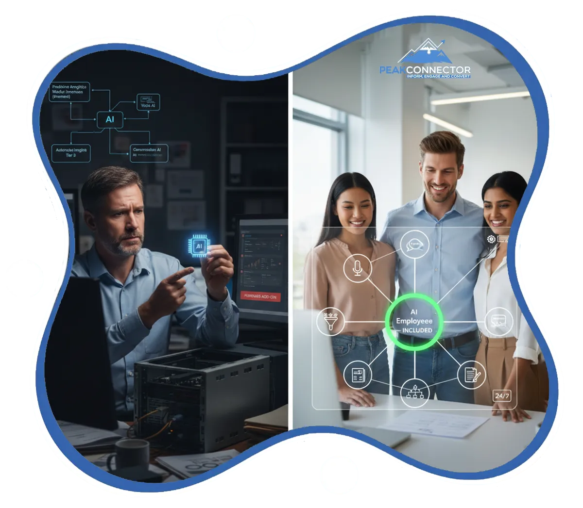 PeakConnector CRM dashboard showing AI-driven marketing and sales automation features for businesses.