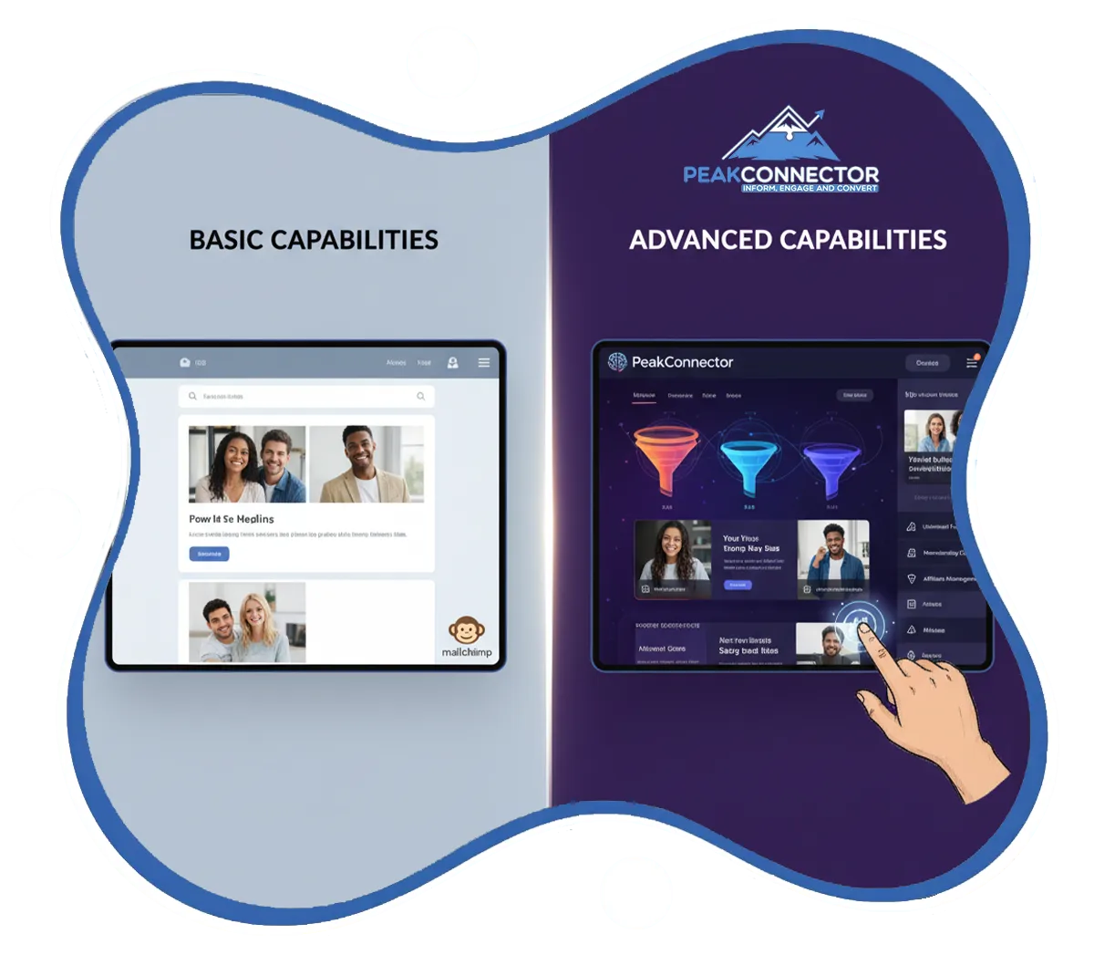 PeakConnector CRM dashboard showing AI-driven marketing and sales automation features for businesses.