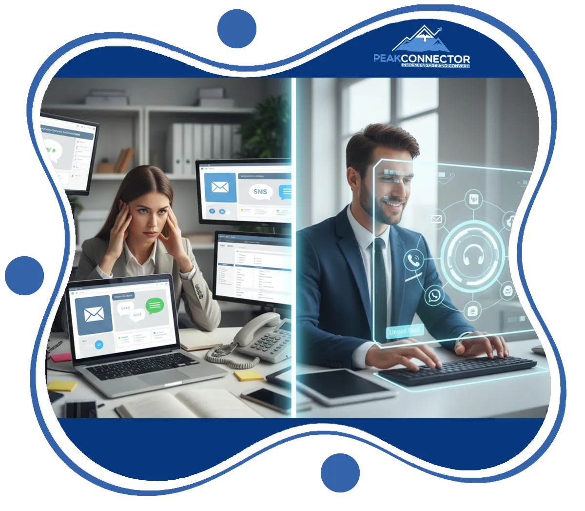 PeakConnector CRM dashboard with AI tools for automating marketing and sales tasks.