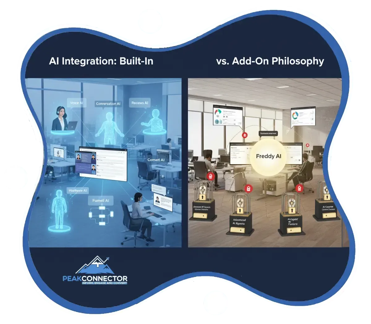PeakConnector CRM dashboard showing AI-driven marketing and sales automation features for businesses.