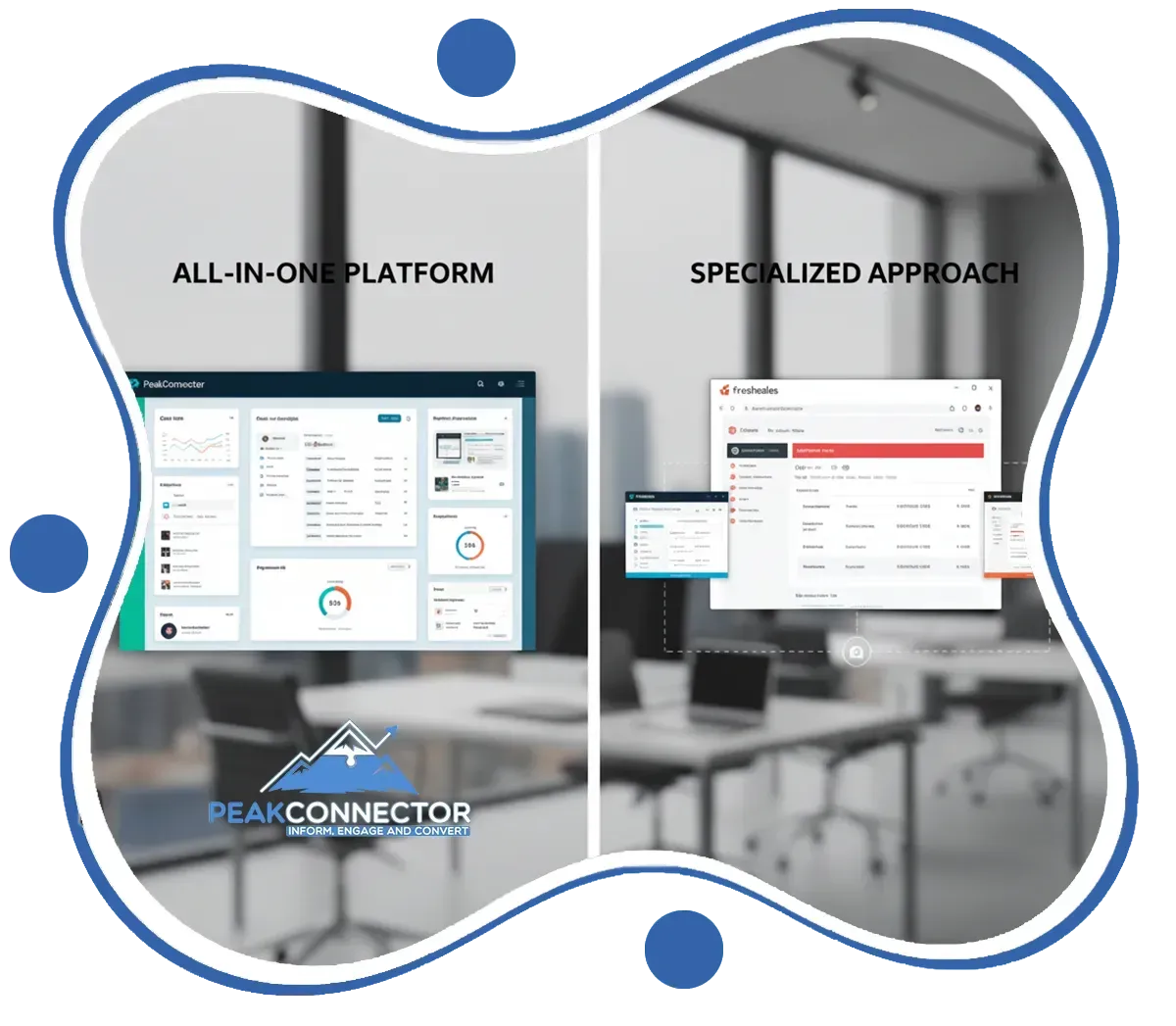 PeakConnector CRM dashboard with AI tools for automating marketing and sales tasks.