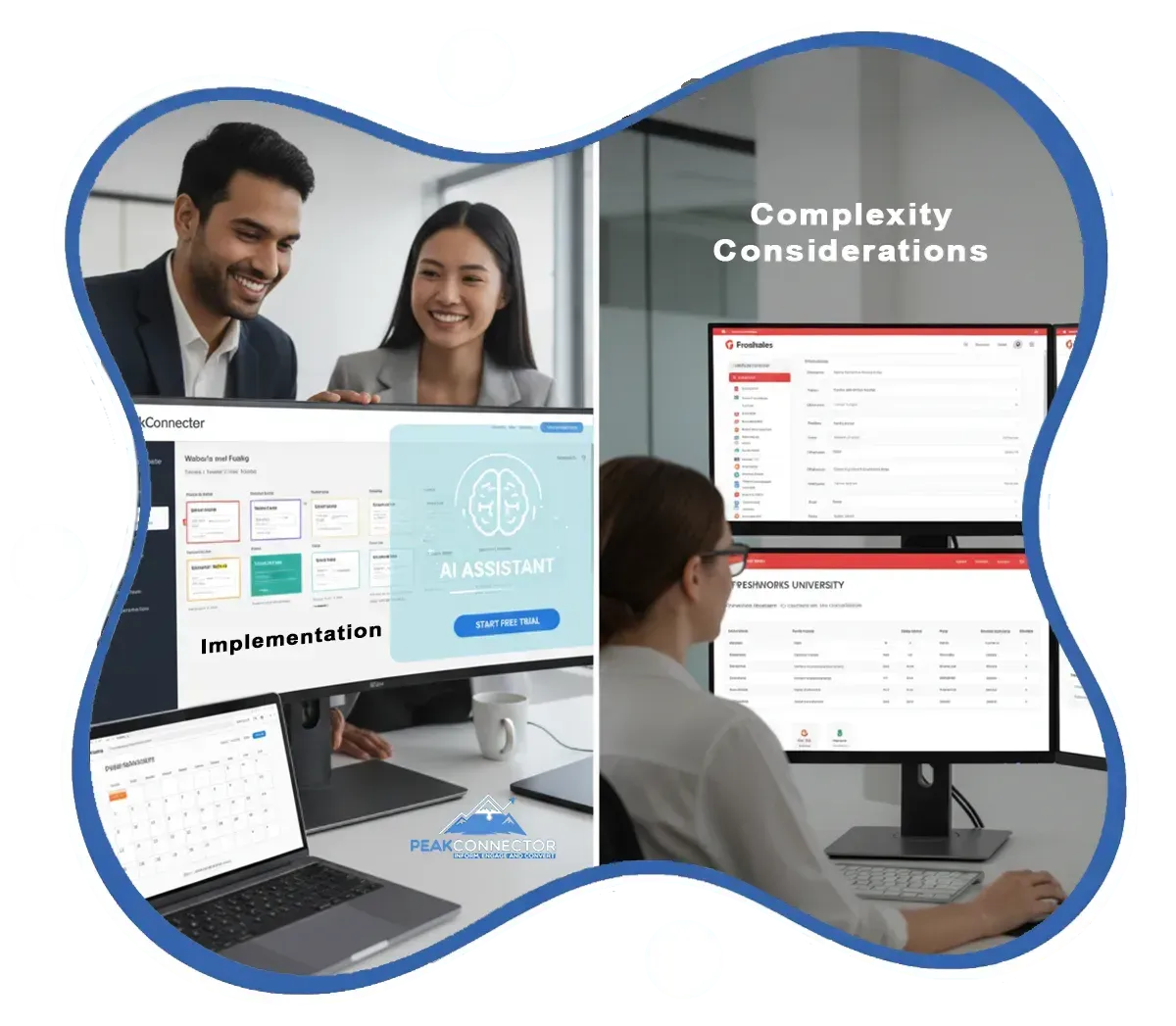 PeakConnector CRM dashboard showing AI-driven marketing and sales automation features for businesses.