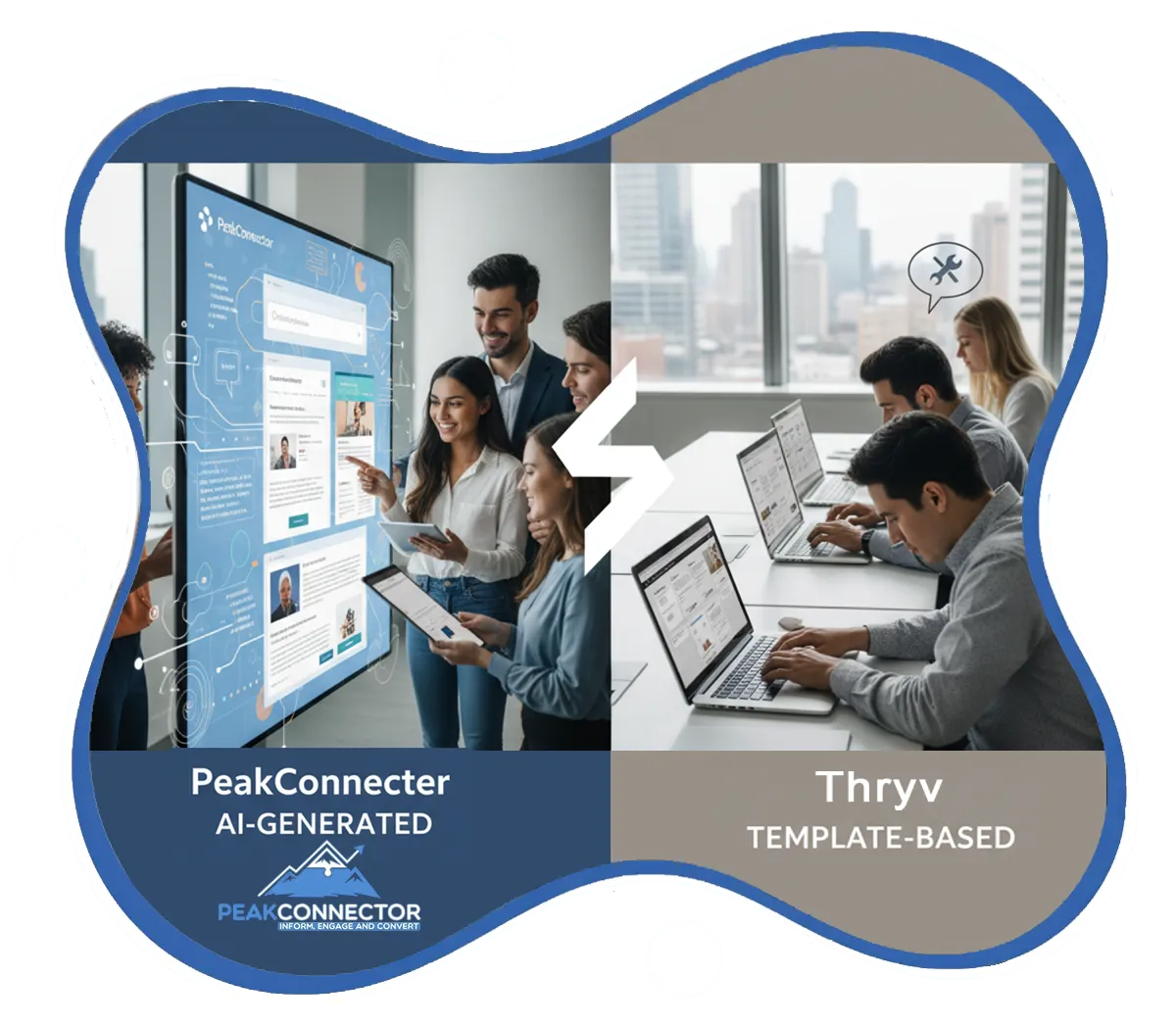 PeakConnector CRM dashboard showing AI-driven marketing and sales automation features for businesses.