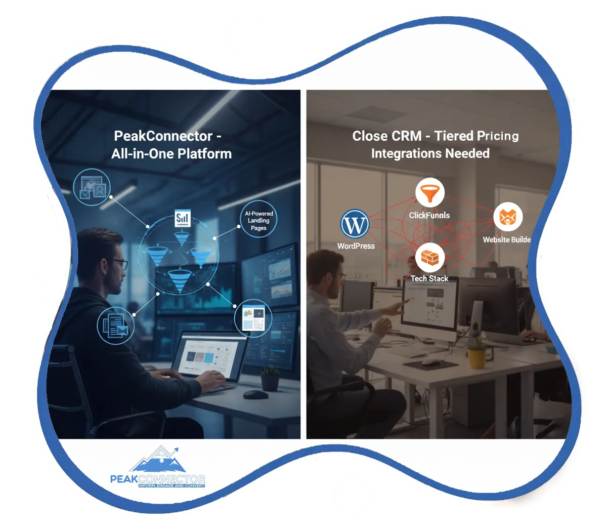 PeakConnector CRM dashboard showing AI-driven marketing and sales automation features for businesses.