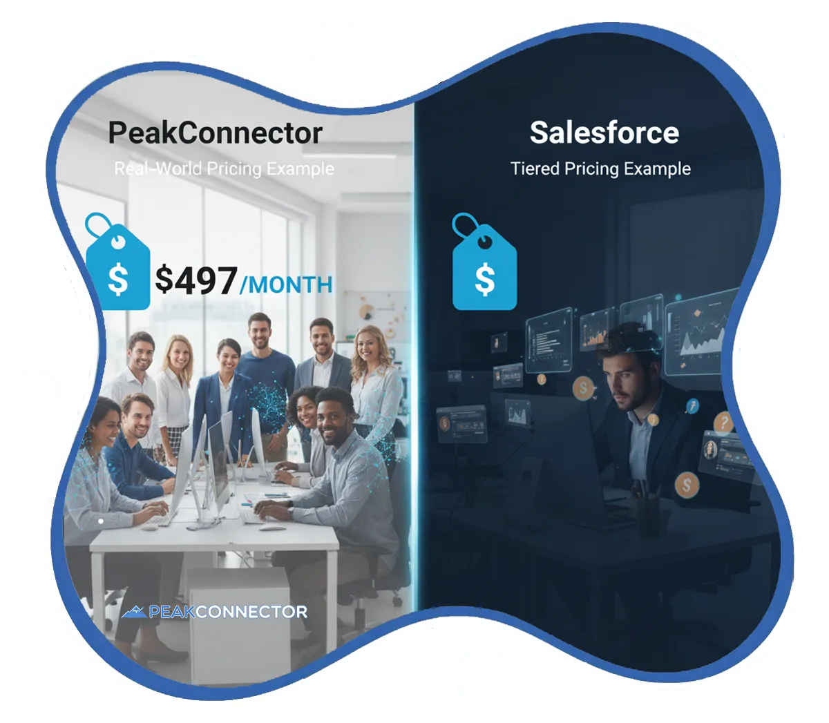 PeakConnector CRM dashboard showing AI-driven marketing and sales automation features for businesses.