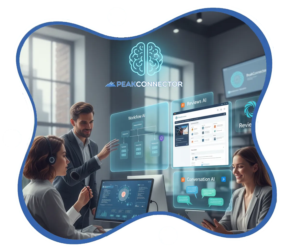 PeakConnector CRM dashboard showing AI-driven marketing and sales automation features for businesses.