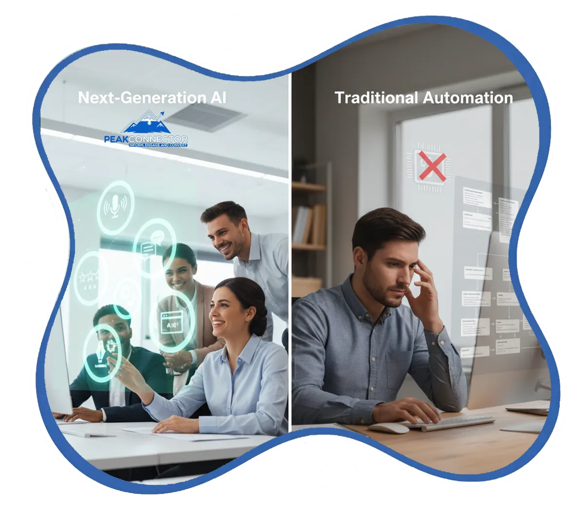 PeakConnector CRM dashboard showing AI-driven marketing and sales automation features for businesses.