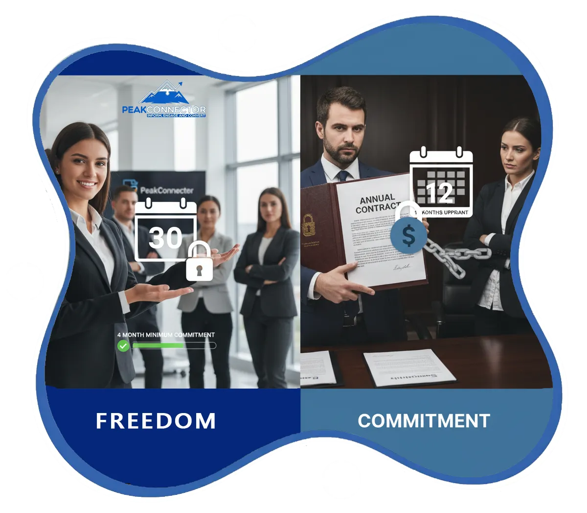 PeakConnector CRM dashboard showing AI-driven marketing and sales automation features for businesses.