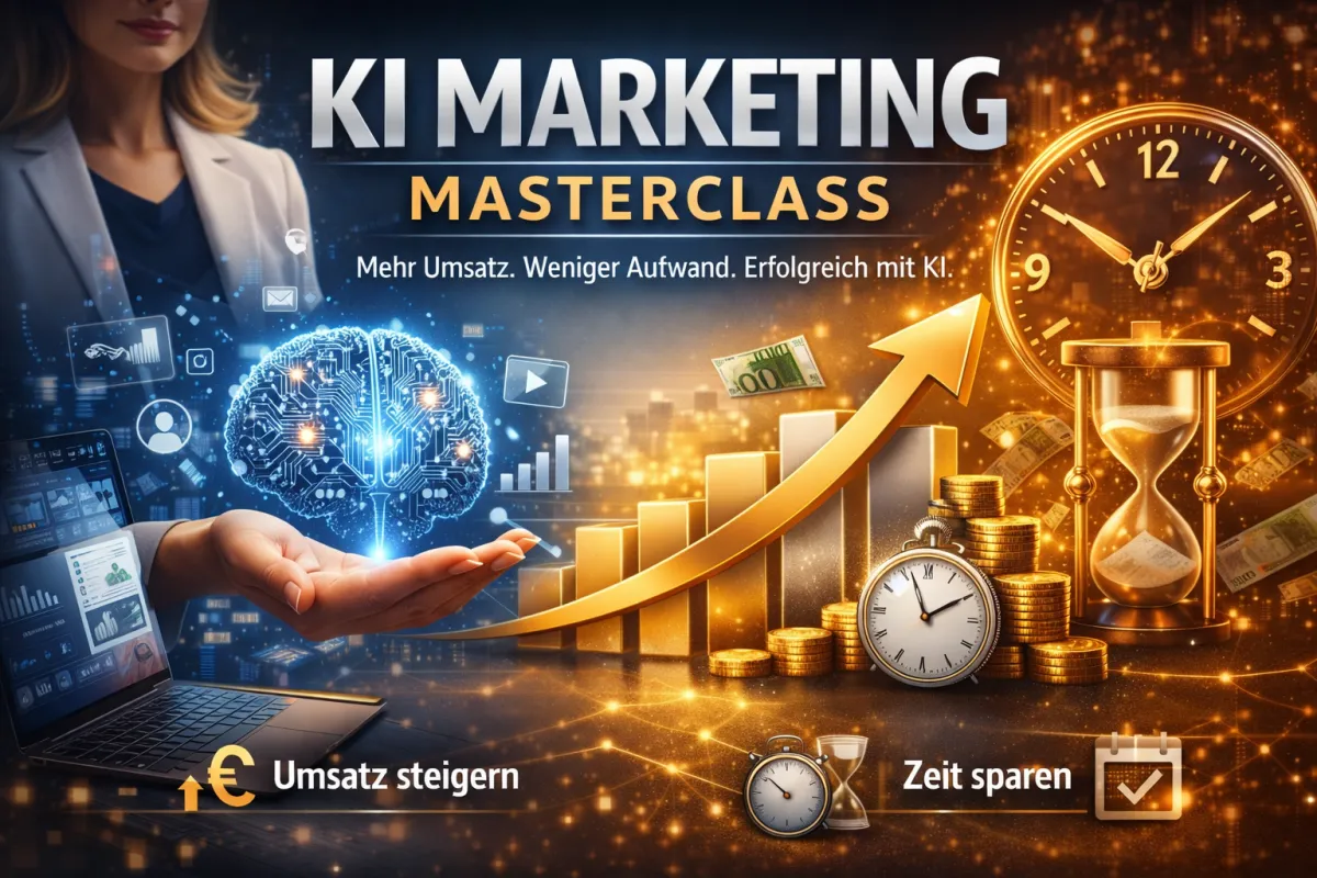 Moderner Studio-Arbeitsplatz mit Laptop, der Marketing-Dashboards für eine KI-Weiterbildung im Beauty-Marketing zeigt.