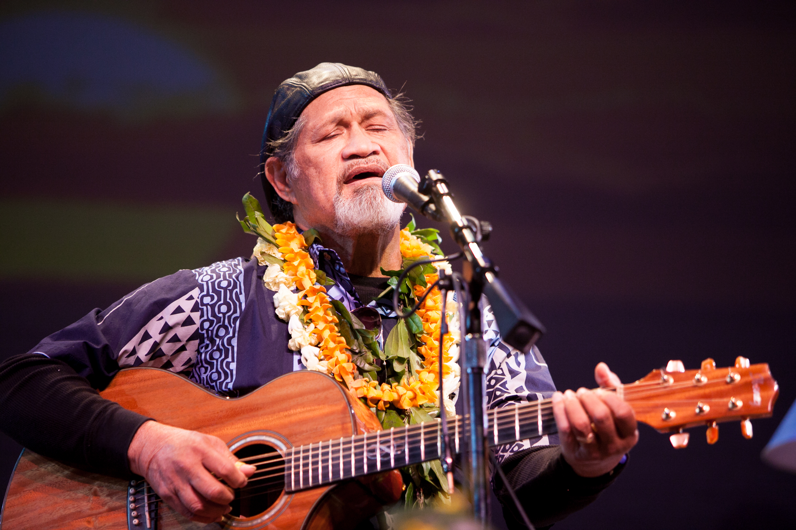 A vibrant Hawaiian band performs on an outdoor stage, colorful lights illuminating the musicians and their traditional instruments. The audience is visible, swaying to the music, with palm trees silhouetted against a twilight sky. The festive atmosphere captures the energy of a live island concert.