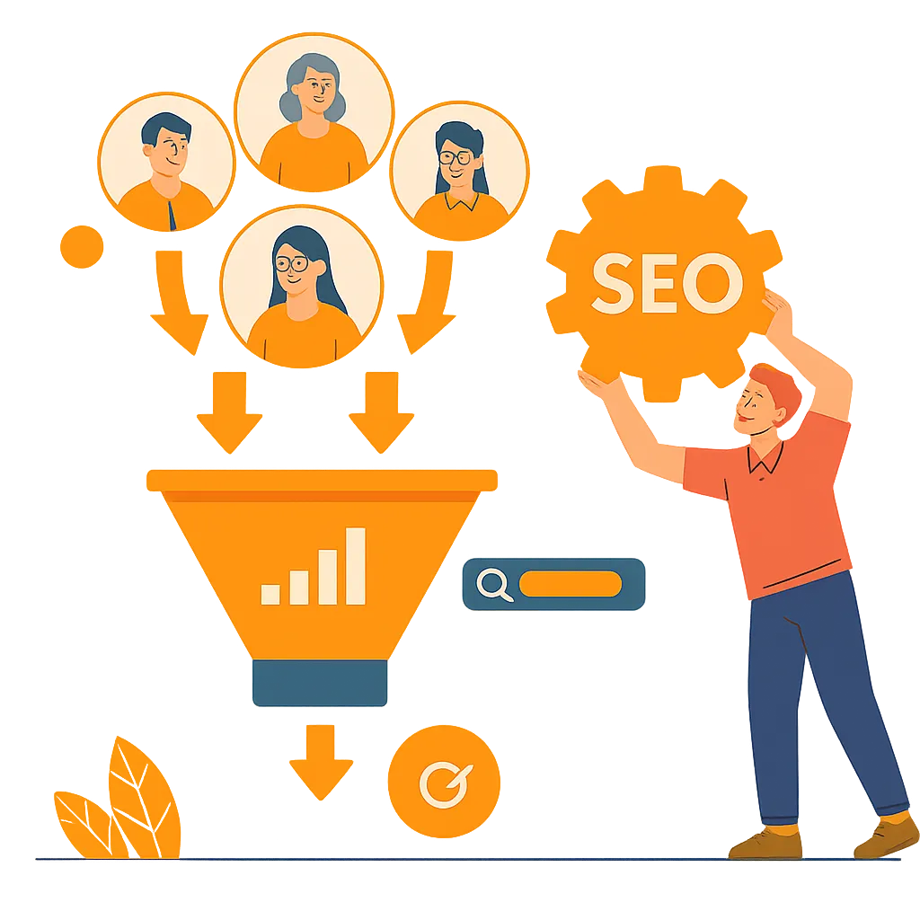 Person with red hair engaging with a gear icon, symbolizing lead capturing and digital marketing automation strategies.