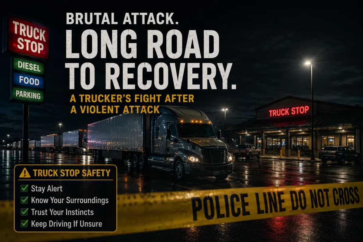 This image describes the long road to recovery and the attack on a trucker that happened in Illinois.