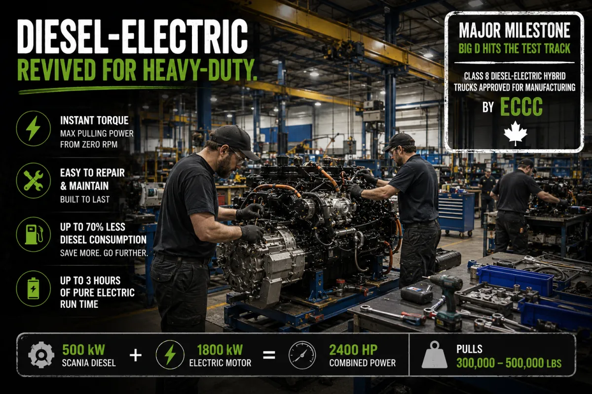 This image shows a diesel electric powertrain with the people at Edison Motors working on it. 