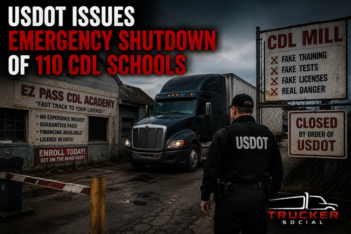 The image describes what's currently happening in the trucking industry with USDOT shutting down CDL schools.