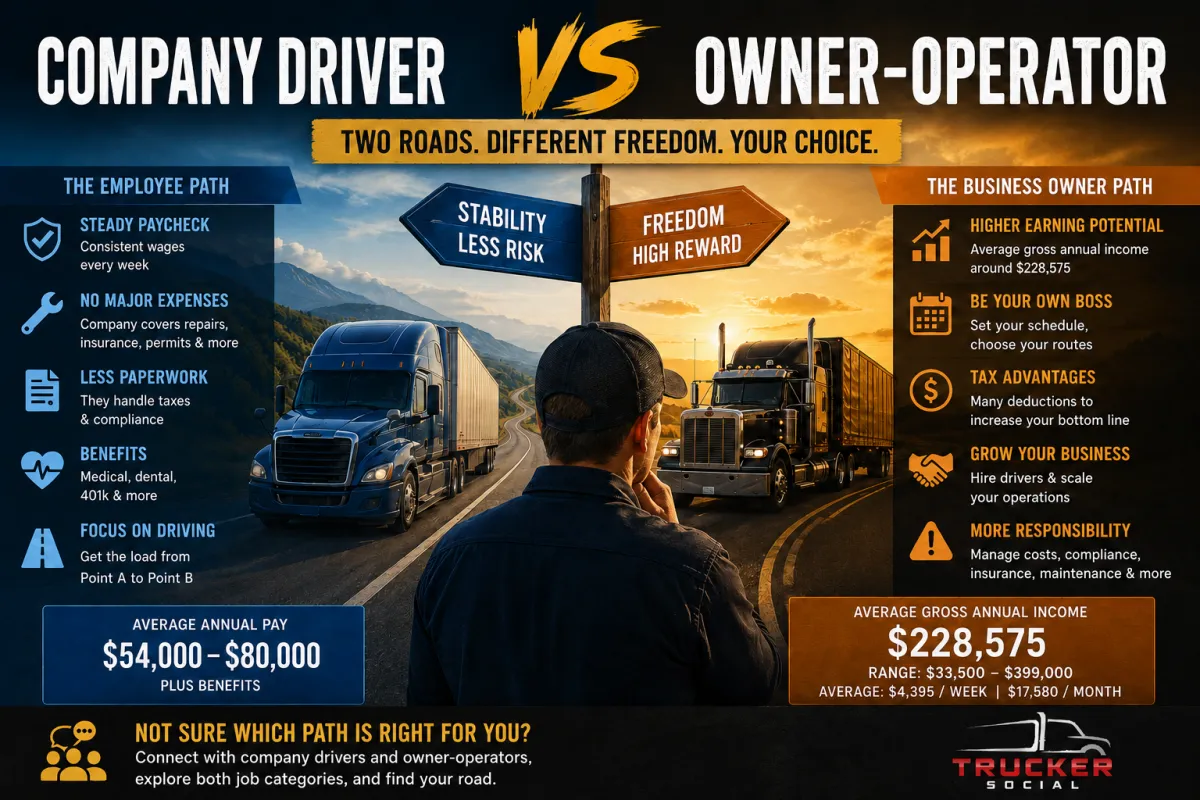 This image describes the differences between company driver vs owner-operator. 