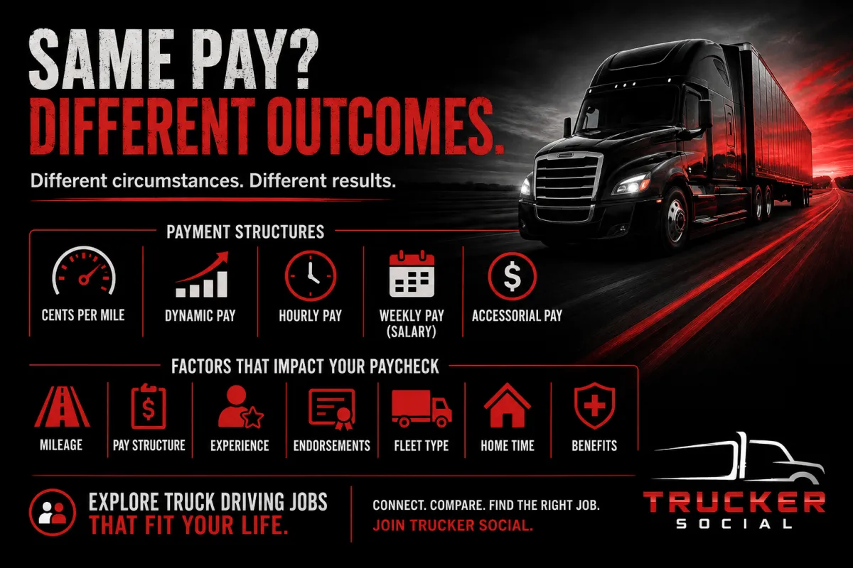 This image is about truck driver pay and how no two drivers earns the same. 