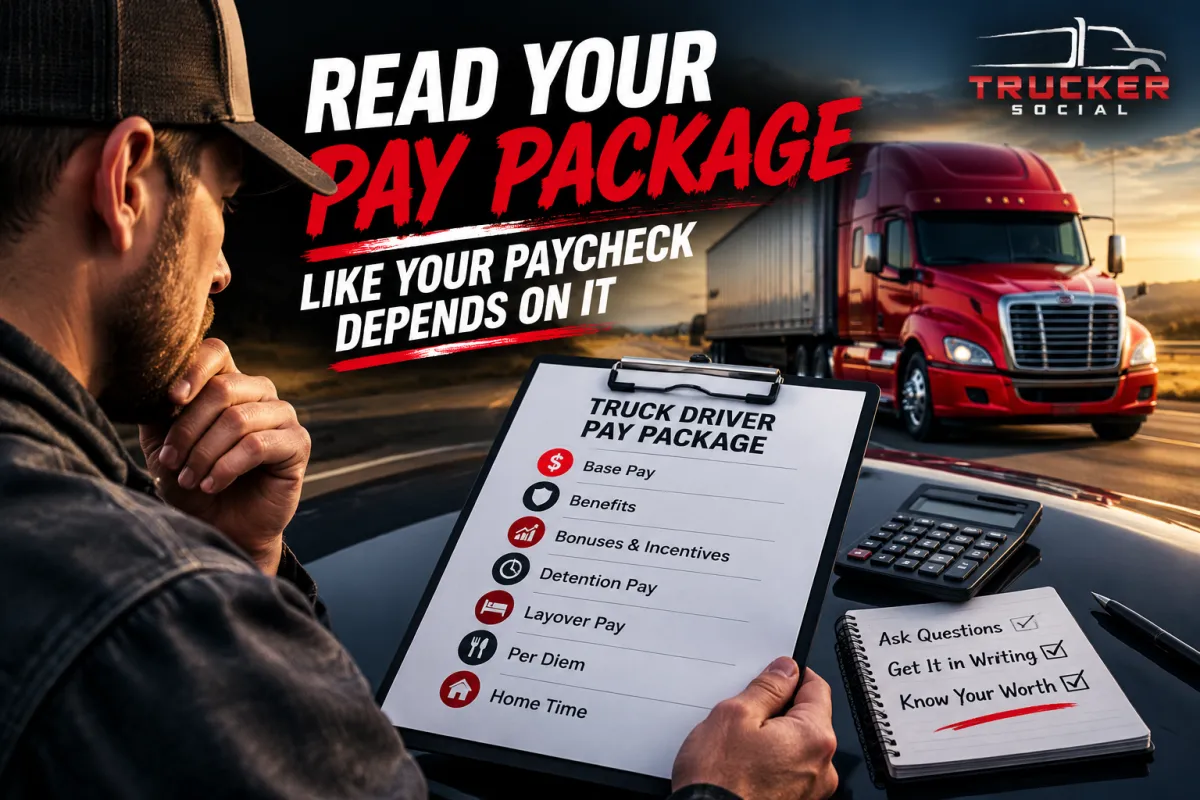 This image describes the pay package for truck drivers and what to expect.