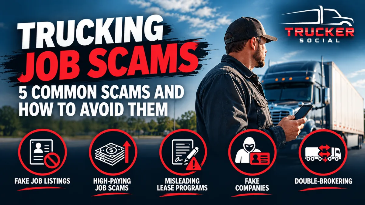 The image is about the 5 most common scams you'll encounter in trucking and how to avoid them.