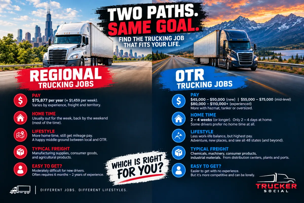 The image describes the two paths in trucking, both regional and OTR trucking jobs.