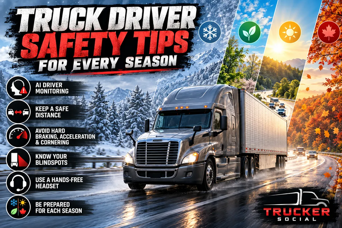 This image describes truck driver safety tips and how to stay safe for every season.