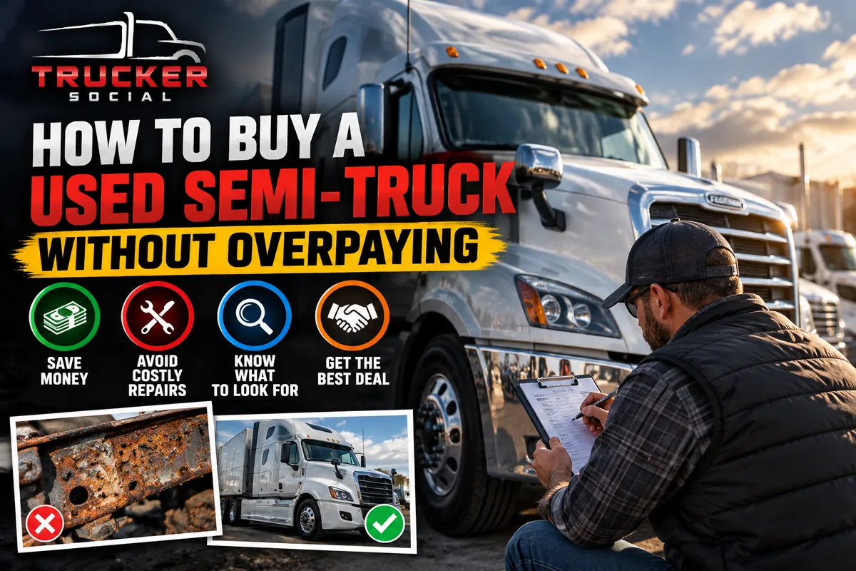The image tells owner-operators how they can buy a used semi-truck without overpaying for it.