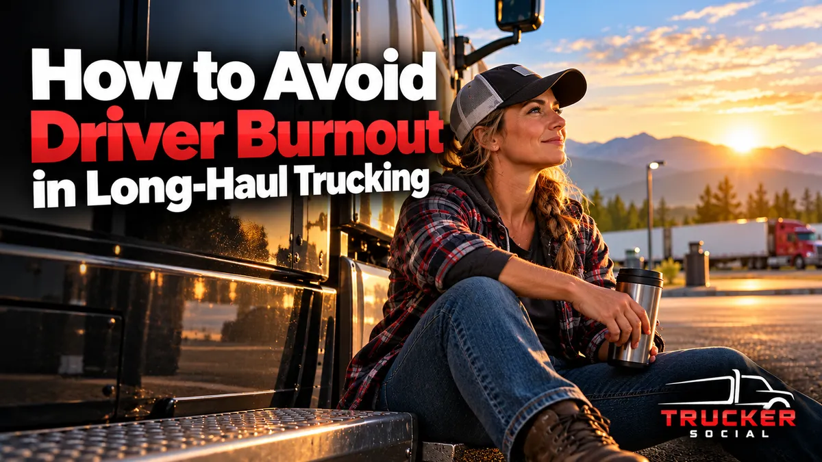 The image shows a woman trying to avoid truck driver burnout.