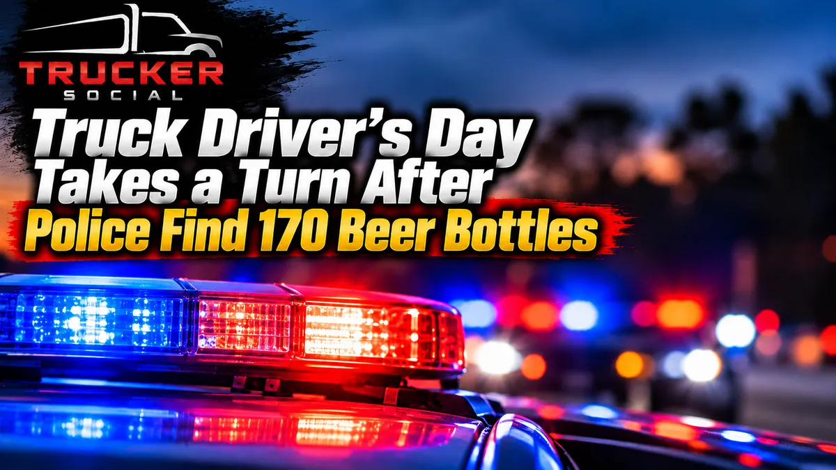 The image describes an arrest where a trucker was found with 170 beer bottles.