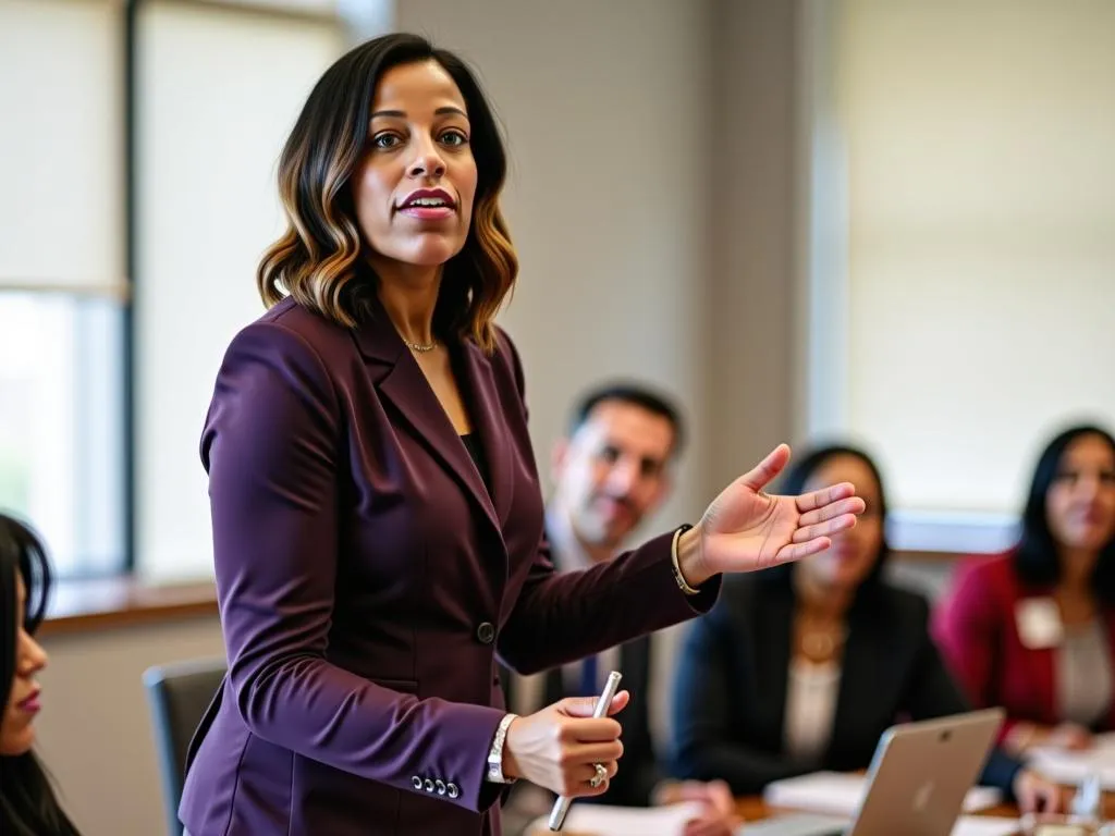 Woman presenting in a professional setting, discussing strategic risk management during a crisis intervention session with attentive audience members.