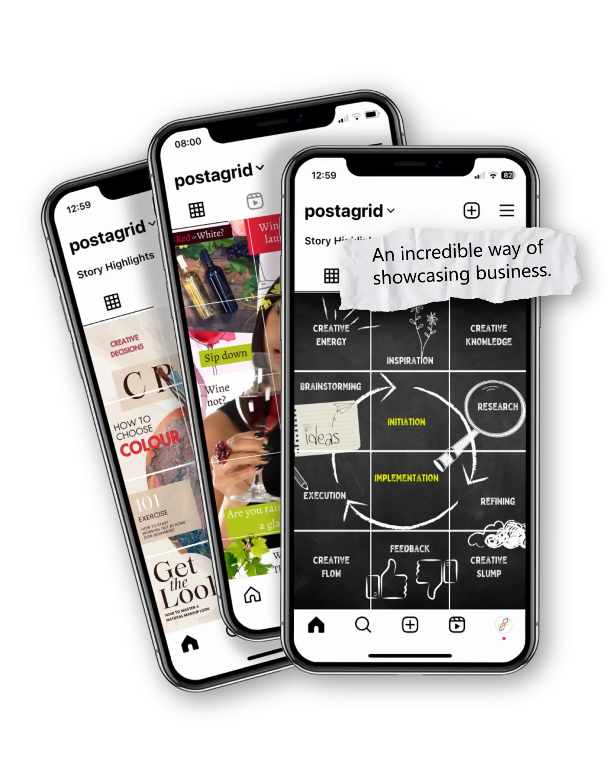 Three iPhones with three Postagrids: one infographic, one seamless feed and one magazine cove