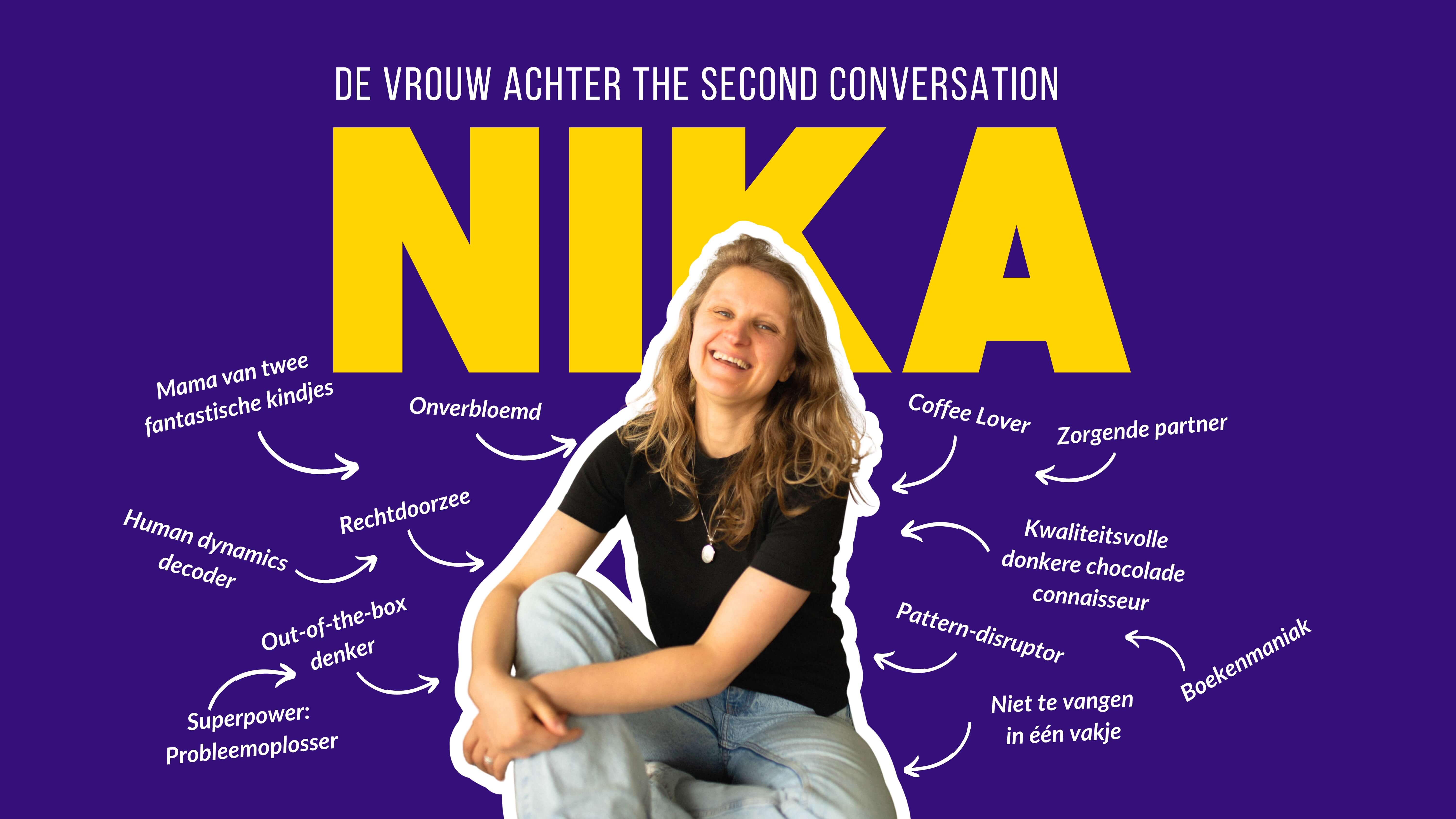 Portret van Nika met kernwoorden die haar persoonlijkheid, leiderschapsstijl en visie op teamdynamiek tonen
