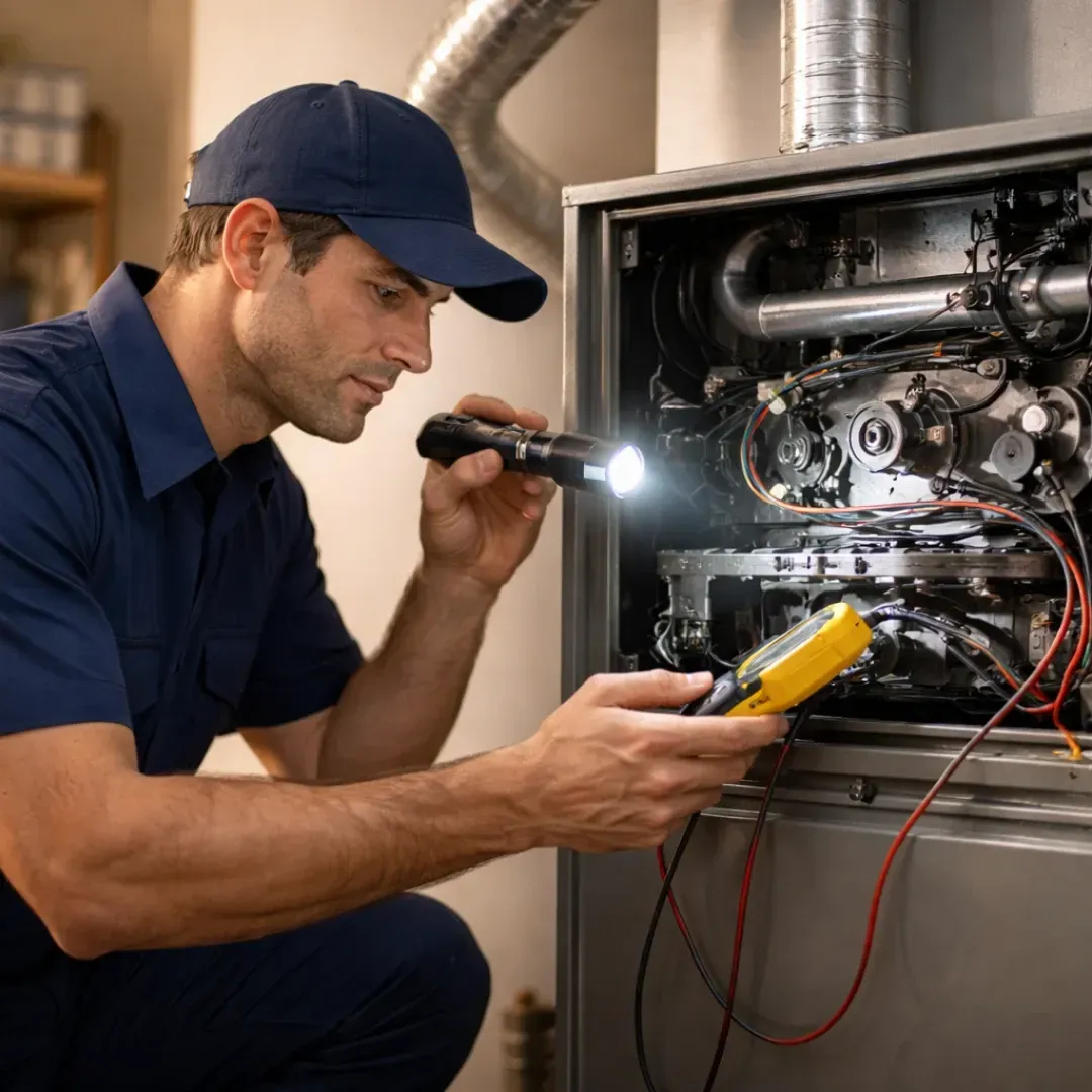 Inside a utility room, an HVAC technician uses a flashlight and a yellow digital multimeter to carefully test the wiring and electrical components of an open furnace unit.