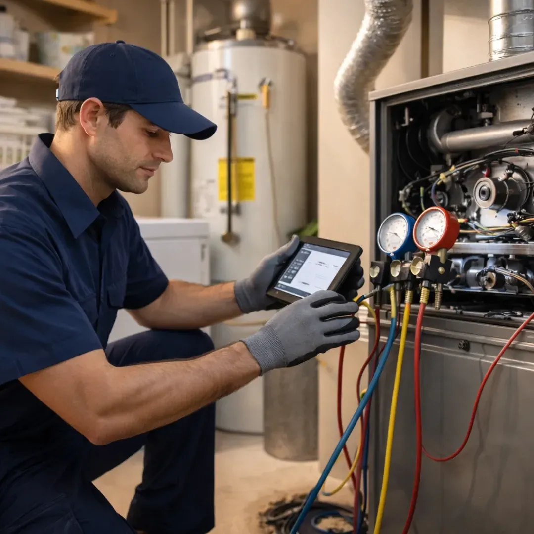 An HVAC tech kneels in front of an open indoor furnace, using a manifold gauge with red and blue dials to check pressure levels while simultaneously monitoring a tablet. A white water heater is visible in the background.