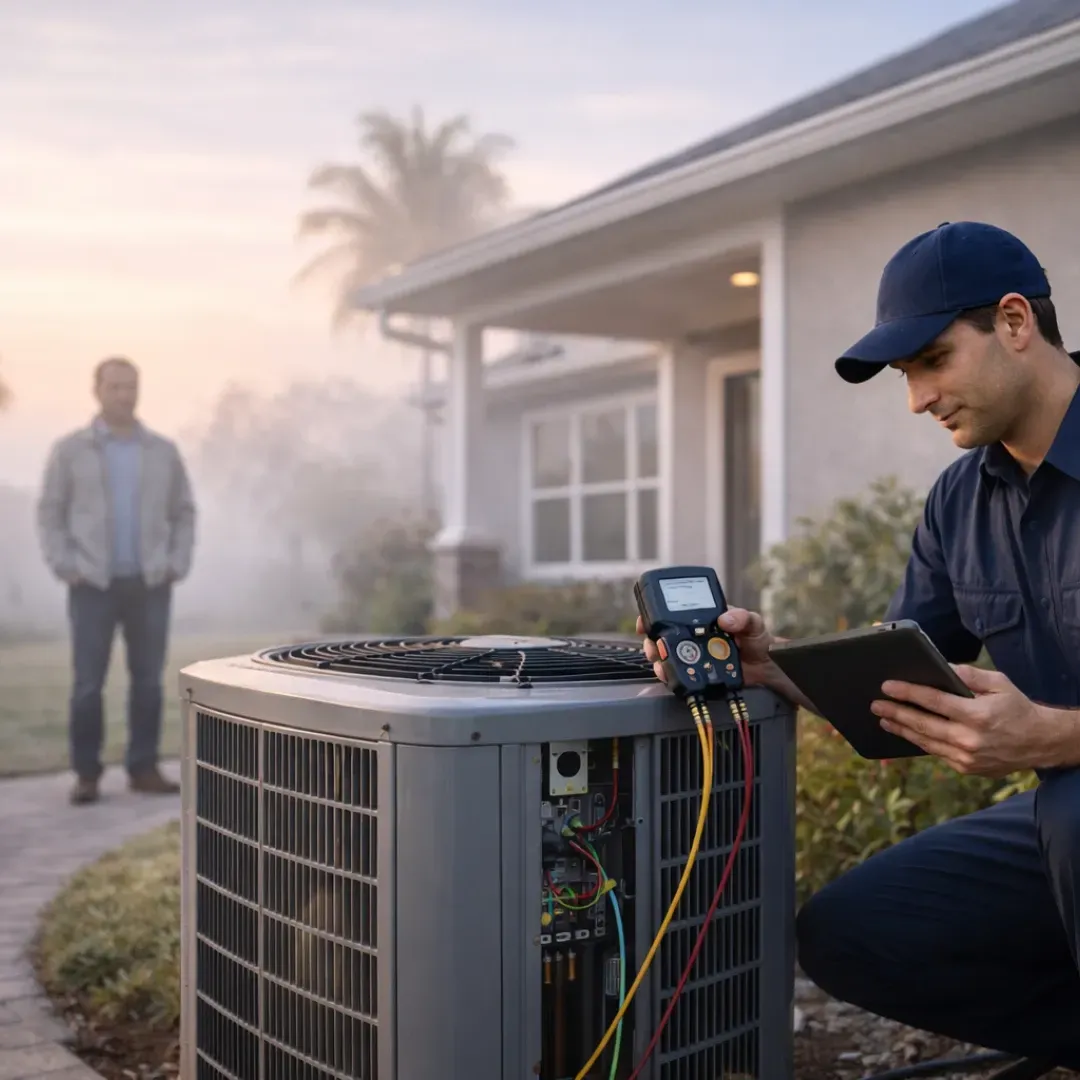 An HVAC technician in a blue cap and light blue shirt kneels beside an outdoor air conditioning condenser unit in a sunny backyard. He has one hand on the unit and is checking a tablet, likely reviewing diagnostic data or a service checklist.