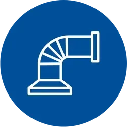 A blue circular icon featuring a white line illustration of an L-shaped HVAC ductwork joint connecting a vent to a pipe.