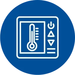 A blue circular icon featuring a white outline of a digital thermostat display. It includes a thermometer symbol on the left and control buttons for power and temperature adjustment on the right.