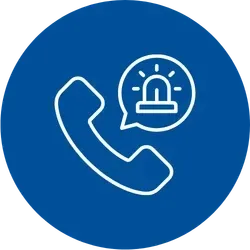 A blue circular icon depicting a white outline of a telephone handset with a speech bubble containing a radiating emergency siren.