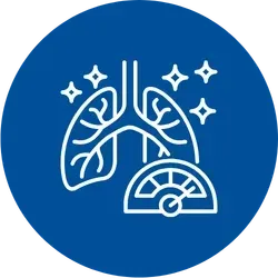 A blue circular icon showing a white line drawing of human lungs surrounded by sparkles, with a dial gauge at the bottom indicating a measurement level.