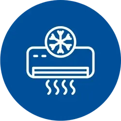 A blue circular icon featuring a white outline of an indoor AC unit. It includes a snowflake symbol in a small circle above it and wavy lines below indicating cool air flow.