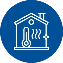 A blue circular icon showing a white outline of a house. Inside the house is a thermometer symbol next to three wavy lines representing heat.