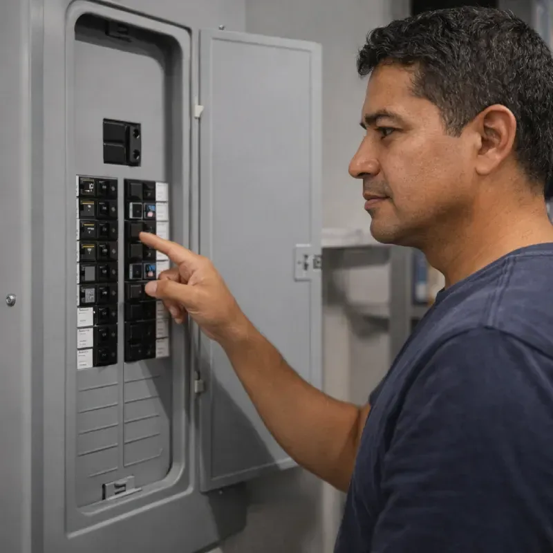 A medium shot of a man in a dark blue t-shirt standing in front of an open gray electrical breaker panel. He is pointing his index finger at one of the black circuit breakers, appearing to inspect or reset it.